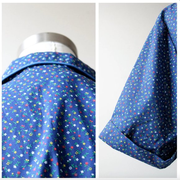 1970s Blue Multicolor Floral Print Short Sleeve Button Down Collar Shirt Dress - Picture 9 of 10